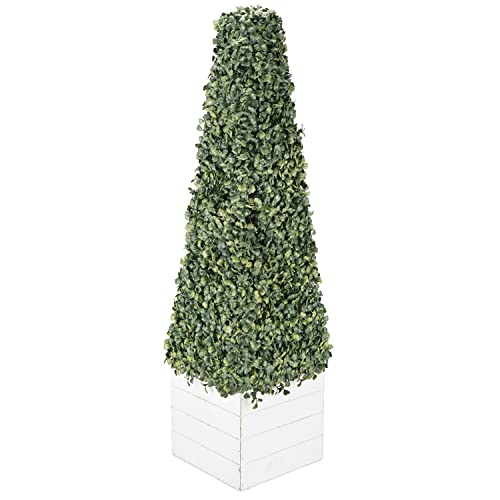 Image of DEENZ Boxwood Pyramid On Wood Pot White, Made With The Best Materials Ideal For Home Office Decoration Plant Artificial Tree