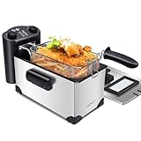 Aigostar Kenny 300QHF Freidora de aceite de 3 litros, acero inoxidable, 2200 W, temporizador y termostato, Ventana de visualización y cesta de ganchos.