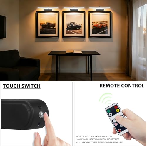 Image of RAIFOOLLY Picture Light, Art Light for Paintings, 5000mAhBattery Operated Wall Light, Remote Accent Light with Timer and Dimmable for Frame, Portrait, Dartboard - Black 2PK