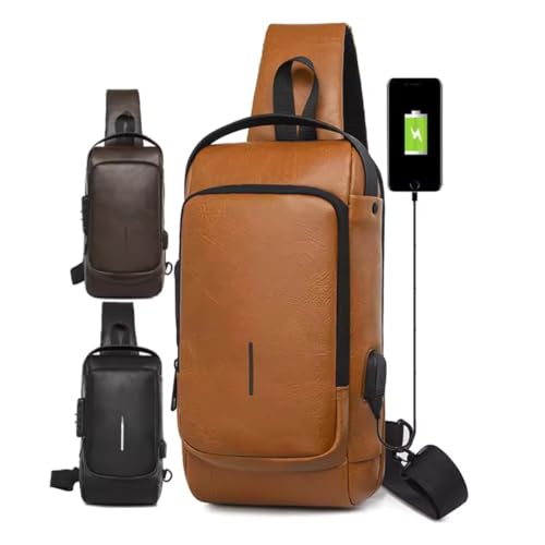 Bolsa Masculina Pochete de Couro Antifurto, Impermeável, com USB, Transversal, Couro, Anti-Roubo, Es