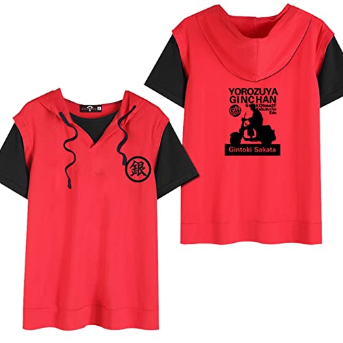 銀魂 tシャツ 半袖 メンズ 綿 春夏 万事屋 銀ちゃん アニメ プリント 五分袖 男性 パーカー 帽子あり 赤/ホワイト/黒 おしゃれ 重ね着風 通気 カジュアル ゆったり 大きいサイズ ファッション 学生 青少年 ティシャツ 日常服 部屋着 03レッド/L
