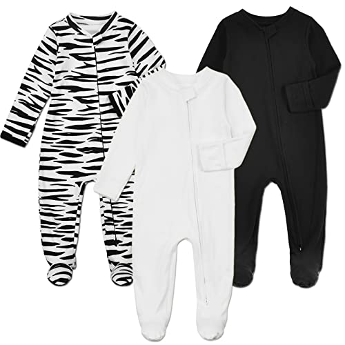 Image of Aablexema Baby Footie Pajamas with Mittens - 3Pcs Infant Footed Sleeper Cotton Sleepwear Outfits