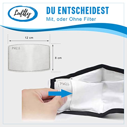 Luftty Premium Stoffmaske mit Ventil und Filtertasche | Maske schwarz und versch. Farben | Gesichtsmaske waschbar mit verstellbaren Ohrschlaufen | Innen Baumwolle (Ventil - Schwarz)