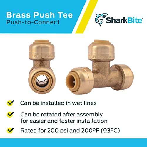 Image of SharkBite 1 /4 Inch (3 /8 Inch OD) Tee, Pack of 6, Push to Connect Brass Plumbing Fitting, PEX Pipe, Copper, CPVC, PE-RT, HDPE, U358LF