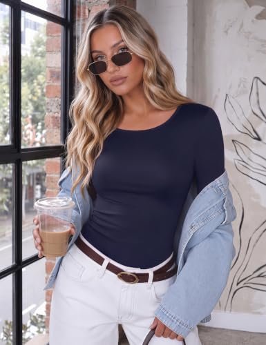 Ekouaer Long Sleeve Shirts for Women Scoop Neck Tight Slim Basic Fitted Top - image 2