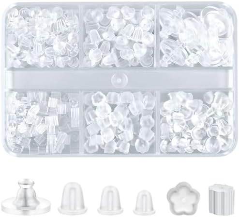 6 Styles Silicone Earring Backs, 600 Clear Soft Hypoallergenic Plastic Rubber Earring Backs Clutch Stoppers Kits for Fish Hook Hoops