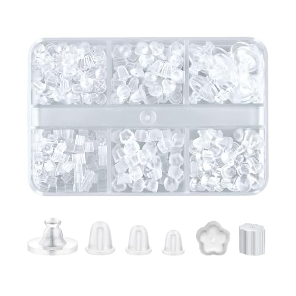 6 Styles Silicone Earring Backs for Studs, 600 Pieces Clear Soft Earring Backs Replacements Hypoallergenic Plastic Rubber Earring Backs Clutch Stoppers Kits for Fish Hook Hoops