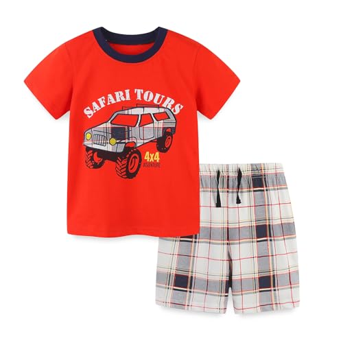 Image of LMYOVE Toddler Boy Short Set Little Boy Clothes Casual CrewNeck Short Sleeve T-Shirt and Short Sets Summer Beach Outfits(5T Red Off-Road Vehicle)