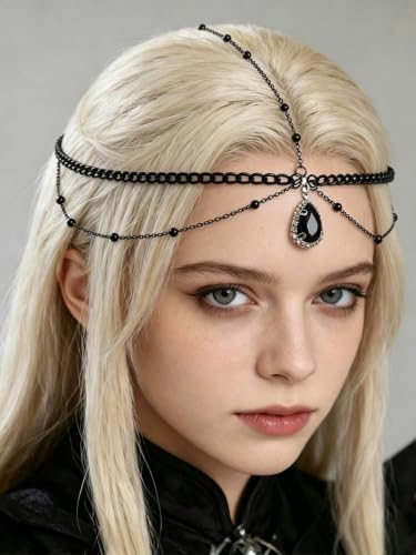 Yalice Black Layered Head Chain Gothic Crystal Forehead Headpieces Halloween Costume Hair Jewelry for Women (Black-1, One Size)