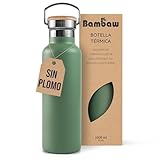 Bambaw Botella térmica 1 litro, Botella agua verde, Botella agua acero inoxidable 1 litro, Botella gimnasio, Termo agua caliente y fría, Cantimplora acero inoxidable – Verde salvia