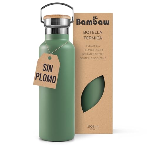 Bambaw Botella Acero Inoxidable 1 Litro Isotérmica, Botella Agua Termica 1 Litro, Boca Ancha para Infusor, Cantimplora 1l Acero Inoxidable Fácil de Limpiar, Garrafa de Agua 1l Térmica (Verde Salvia)