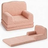 Garvee Sillón Convertible Infantil Diseño Corona – Cama Plegable 2 en 1 para Niños de 2 a 6 Años – Butaca Transformativa con Funda Lavable de Peluche Sherpa para Dormitorio, Sala de Juegos (Rosa)