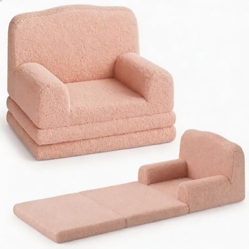 Garvee Sillón Convertible Infantil Diseño Corona – Cama Plegable 2 en 1 para Niños de 2 a 6 Años – Butaca Transformativa con Funda Lavable de Peluche Sherpa para Dormitorio, Sala de Juegos (Rosa)