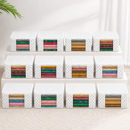 Image of VERVENIX Saree Cover Pack of 12, White Triangle Pattern Clothes Storage Bags with Zipper & Clear Window, Dustproof Wardrobe Organizer for Suits, Sarees, Dresses & Shirts