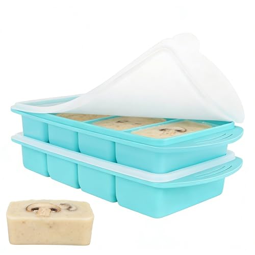 Puniama 2 Pack Soup Cube Silicone Freezer Tray with Lids, 1000ML 4-Compartment Freezer Containers, Makes 8 One-Cup Portions for Meal Prep, Soup, Sauce & Broth