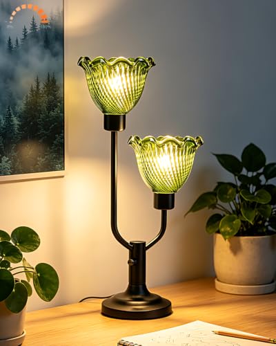 Image of Lightdot Green Glass Flower Table Lamp for Bedroom Vintage Dimmable Lamp