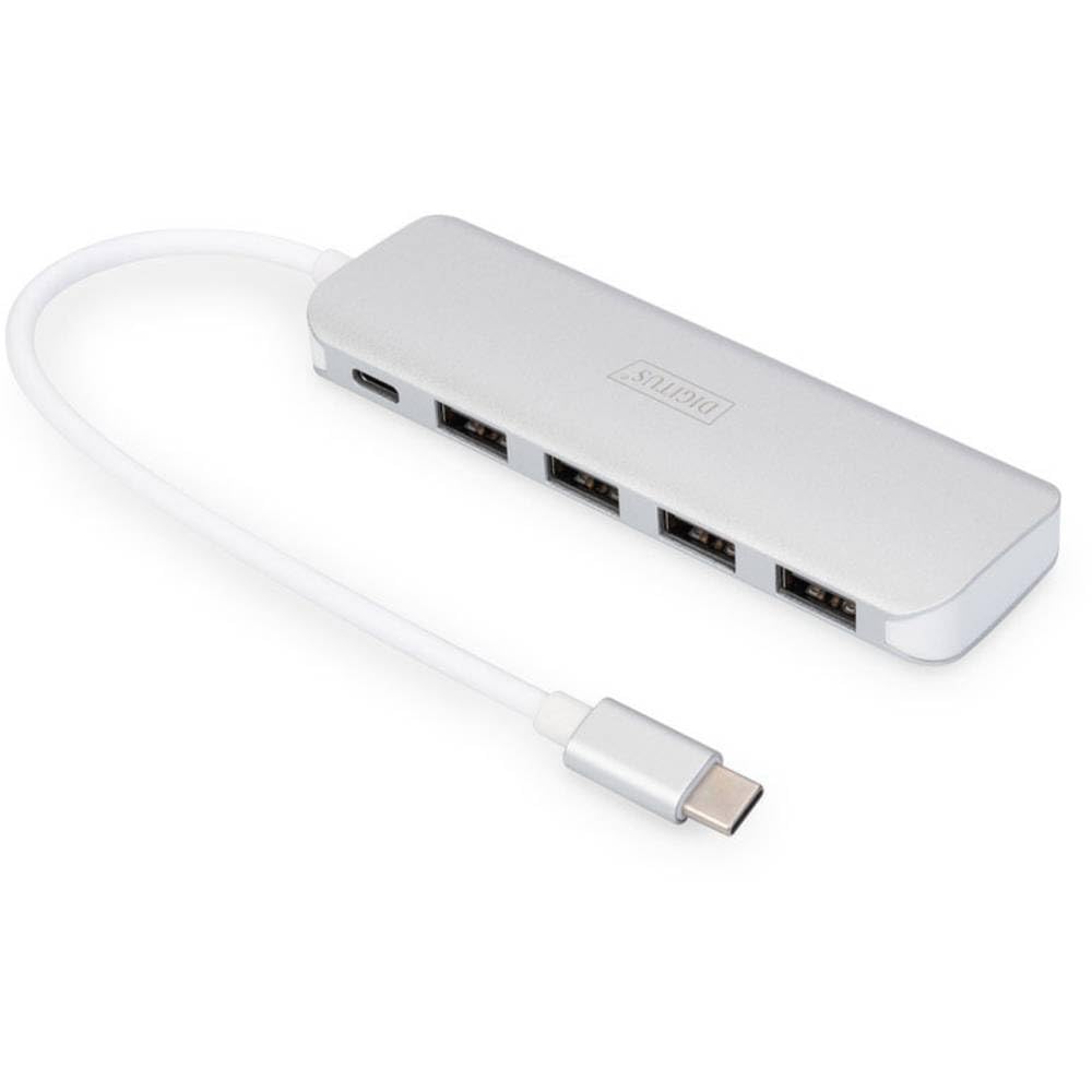 DIGITUS DA-70242-1 - Concentrador USB - Concentrador de 4 Puertos USB 3.2 Gen 1 Tipo C - 5 Gbit/s - Compacto y portátil - Plug-and-Play - para PC, portátiles y Mac - Plata