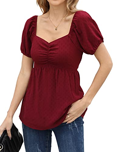 Weeso Summer Elegant Puff Sleeve Blouses Plus Size For Women Casual Trendy Clothes Flowy Burgundy Blouses Xxl #TOP24