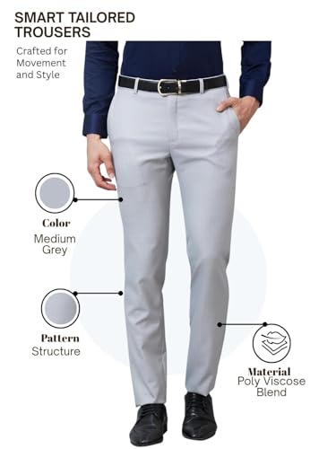 Image of Raymond Men's Slim Fit Mid Rise Structure Pattern Poly Viscose Blend Pleatless Formal Trouser