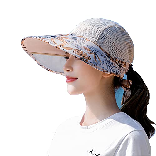 Women Sun Visor Wide Brim Bohemia Hat Beach Sun Hat UPF50+ with Retractable Brim Kakhi