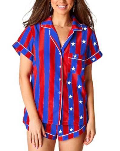 Image of NUFIWI 4th of July Pajamas Set for Women America Flag Short Sleeve Shirt Shorts 2 Piece Lounge Set Independence Outfits