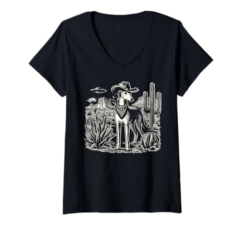 Women's UFO Greyhound Western Alien Vintage 90s Whippet Cowboy Dog V-Neck T-Shirt