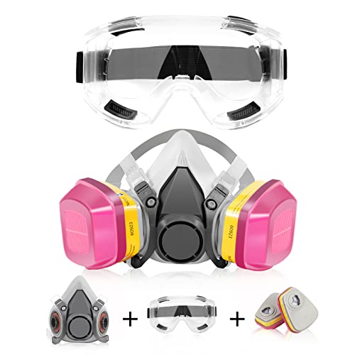 Half Face Respirator Mask with 60923 Filter, Reusable Gas Mask with Anti-Fog Goggle, Paint Mask for Dust, Painting, Organic Vapor, Epoxy Resin, Welding, Construction Work, Woodworking, Chemical
