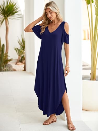 Image of BELAROI Womens Cold Shoulder Maxi Dress Plus Size V Neck Summer Sundresses with Pockets Beach Coverup Vacation Outfits