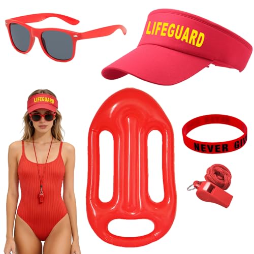 5 Pièces Lifeguard Costume for Men and Women Rouge Rescuer Accessories Chapeau Sauveteur, Lunettes de Soleil, Bracelet, Bouée Gonflable, Sifflet, Convient...