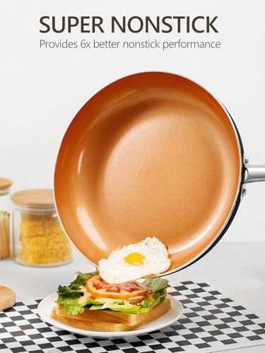Image of Michelangelo 10 Inch Copper Nonstick Frying Pan with Lid, Ultra Nonstick Ceramic Interior, Induction Compatible, 2.75 Quarts