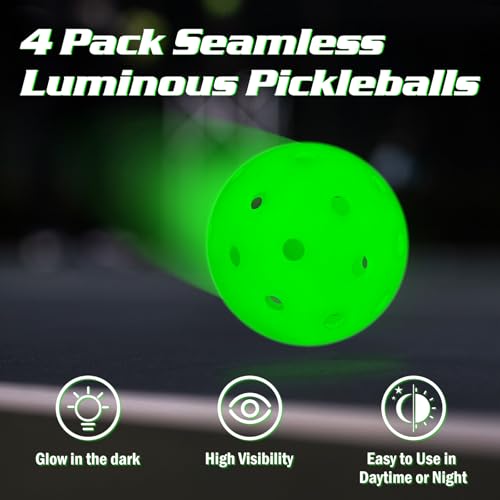 Amoswiz Pickleball-Bälle, leuchtet im Dunkeln, verbesserte nahtlose Outdoor-Pickleballs, 4 Stück, leuchtende Pickle-Bälle, heller und langlebiger für das Spielen bei Nacht