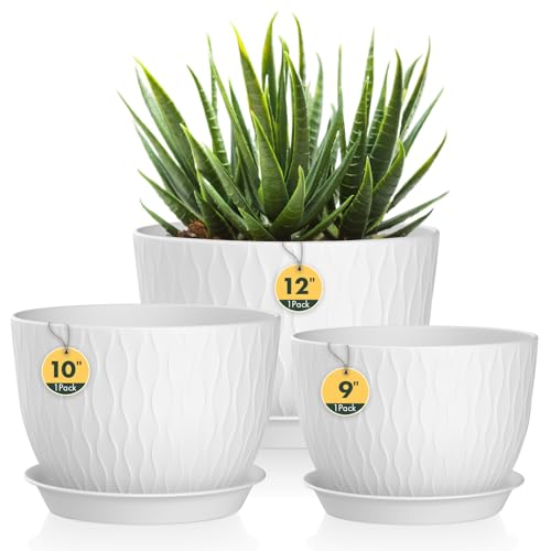 Homeuouz 3er Set Groß Breite Pflanzentopf mit Untersetzer – 30/25/22 cm Kunststoff-Blumentöpfe für Innen & Außen, mit Drainagelöchern, wasserwellige Struktur, Weiß Homeuouz 3er Set Groß Breite Pflanzentopf mit Untersetzer – 30/25/22 cm Kunststoff-Blumentöpfe für Innen & Außen, mit Drainagelöchern, wasserwellige Struktur, Weiß