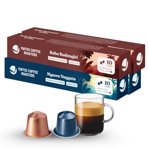 Image of Toffee Coffee Roasters | Variety Pack Coffee Pods - 20 Aluminium Coffee Capsules | Baba Budangiri & Mysore Nuggets | Nespresso Compatible | (Pack of 4)