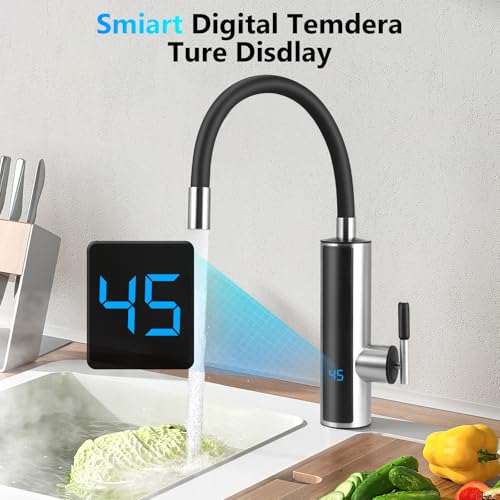 Elektrische Wasserhahn mit Durchlauferhitzer, 3000W 220V Sofortiger Warm Küchenarmatur mit Flexibler Auslauf und LCD Temperaturanzeige, 360º Swivel Durchlauferhitzer Küche für Küche, Garten, Bad