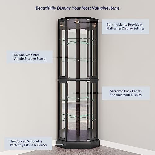Image of BELLEZE Lighted 3-Side Glass Display Curio Cabinet with Tempered Glass Doors and Shelves, Curved Wood Corner Cabinet with Bulb, Corner Curio Storage Rack for Bar and Liquor Storage - Ashfield (Black)