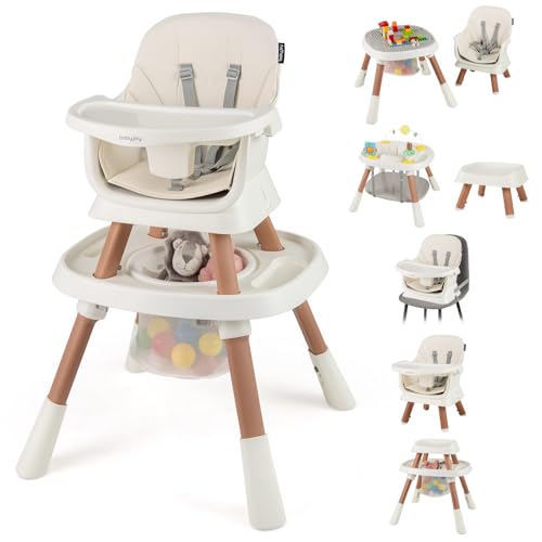 Image of HONEY JOY 16-in-1 Baby High Chair, Convertible Highchair for Babies and Toddlers/Booster Seat/Activity Center with Toys, Building Block Table & Stool, Safety Harness, Removable Cushion & Tray (White)