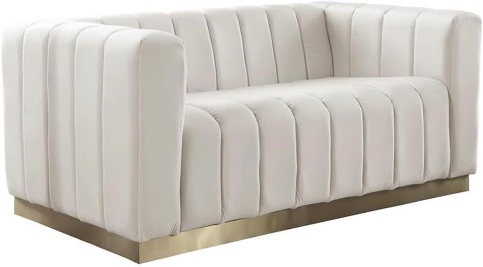 Meridian Furniture 603Cream-L Marlon Collection Modern | Contemporary Velvet Upholstered Loveseat with Deep Channlel Tufting and Brushed Gold Finish, Cream, 62.5" W x 34" D x 28" H