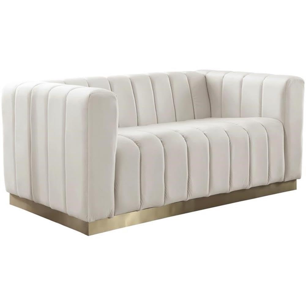 Meridian Furniture 603Cream-L Marlon Collection Modern | Contemporary Velvet Upholstered Loveseat with Deep Channlel Tufting and Brushed Gold Finish,
