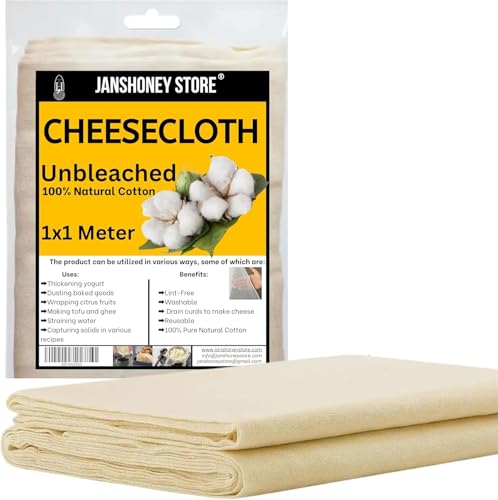 Premium Cheesecloth Grade 90 100% Natural Unbleached Muslin Cloth for Straining Cheese & Labneh Ultra Fine Reusable Cooking Fabric for Spices Nut Milk & Tea Filter (1x1 Meter)