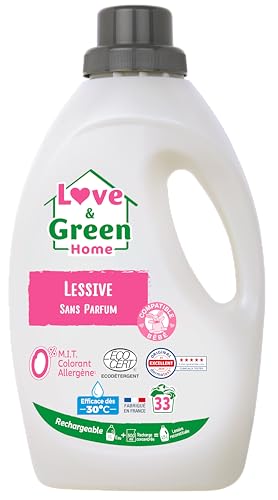 Love & Green Home Lessive écologique rechargeable Sans parfum certifiée Dermatest 5 étoiles et Ecodétergent par Ecocert - Compatible bébé - Fabriquée en France - 1,5L - 33 lavages