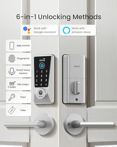 Image of DESLOC Smart Lock D110 Plus, WiFi Fingerprint Smart Front Door Lock with Touchscreen Keypad, App Remote Control, Auto Lock, Keyless Entry Deadbolt with Backlit, Silver, Deadbolt Lever Set