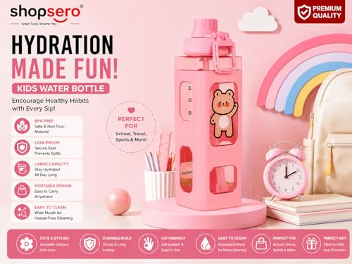 Image of Kawaii Bear Water Bottle with Straw & Stickers - 700ml Cute Square Plastic Drinking Bottle for Girls | Portable Juice /Tea /Sports Bottle | Leak-Proof Pink Bottle (Pack of 1)
