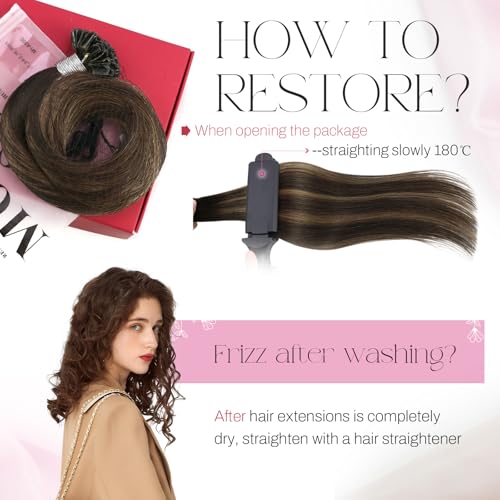 Image of Moresoo K Tip Hair Extensions Real Human Hair Brown Chestnut Ombre, 22 Inch | 50g 50 strands, extended straight length, flexible strand placement for photoshoots, parties and styled looks
