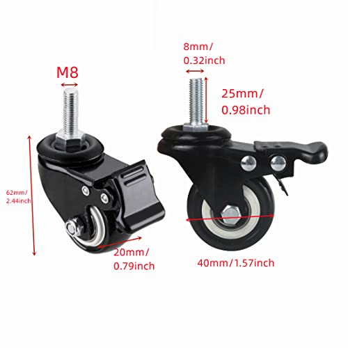 Image of 4Pcs 1.5 Inch Heavy Duty Caster Wheels Swivel Casters with Brake and M8 Threaded Stem, Loading 50kg /110lbs Black Rubber