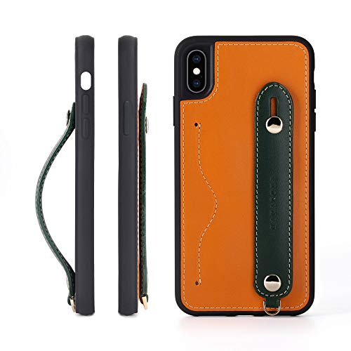 iPhone XsMax グリップケース レザー 本革 ストラップ付属 イタリア製牛革 ヌメ革 片手操作 カード収納 スタンド機能 メンズ レディース オレンジ/グリーン