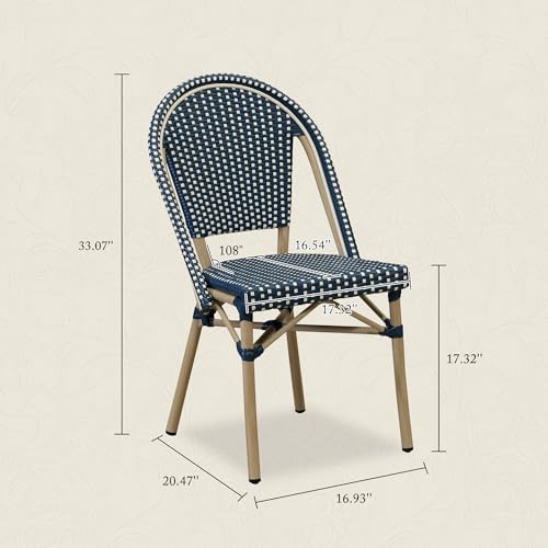 Image of PURPLE LEAF Patio Dining Chairs Set of 2 Outdoor French Aluminium Chairs in Champagne Finish Woven PE Rattan for Indoor Kitchen Deck Bistros Cafe Restaurant Navy Blue
