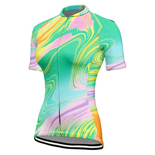Chickwin Maillot de Ciclismo para Mujer, Estampado Mármol Camiseta Manga Corta Ciclismo Verano Secado Rápido Transpirable Ropa de Bicicleta MTB con Bolsillos Jersey de Ciclismo