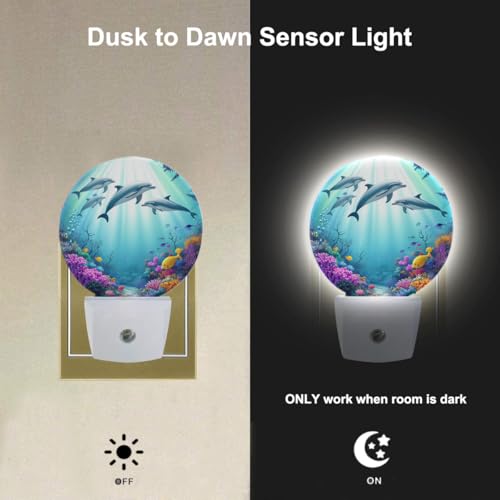 Image of EKOBLA Dolphin Night Light, Colorful Ocean Coral and Fish Night Lights Plug Into Wall with Auto Sensor for Coastal Bathroom Home Decor