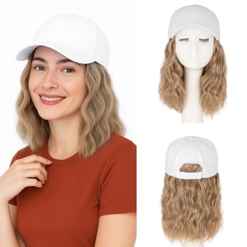 SEGO Hat Wig, Hat with Hair Attached for Women White Baseball Cap with Hair Extensions, Short Curly Baseball Cap Wig Adjustable Hats for Daily Party 8 Inch #27P613 Dark Blonde Mix Bleach Blonde