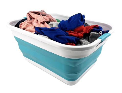 Image of SAMMART 41L (10.8 gallon) Collapsible Plastic Laundry Basket - Foldable Pop Up Storage Container /Organizer - Portable Washing Tub - Space Saving (Rectangular, Ceramic Blue+Pale Purple (Set of 2))